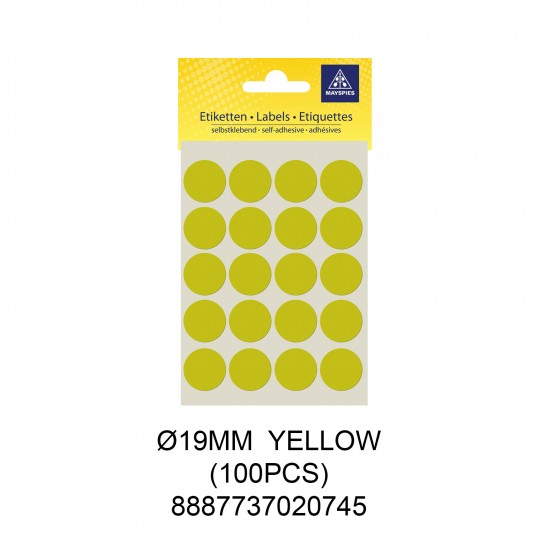 MAYSPIES MS019 COLOUR DOT LABEL / 5 SHEETS/PKT / 100PCS / ROUND 19MM YELLOW